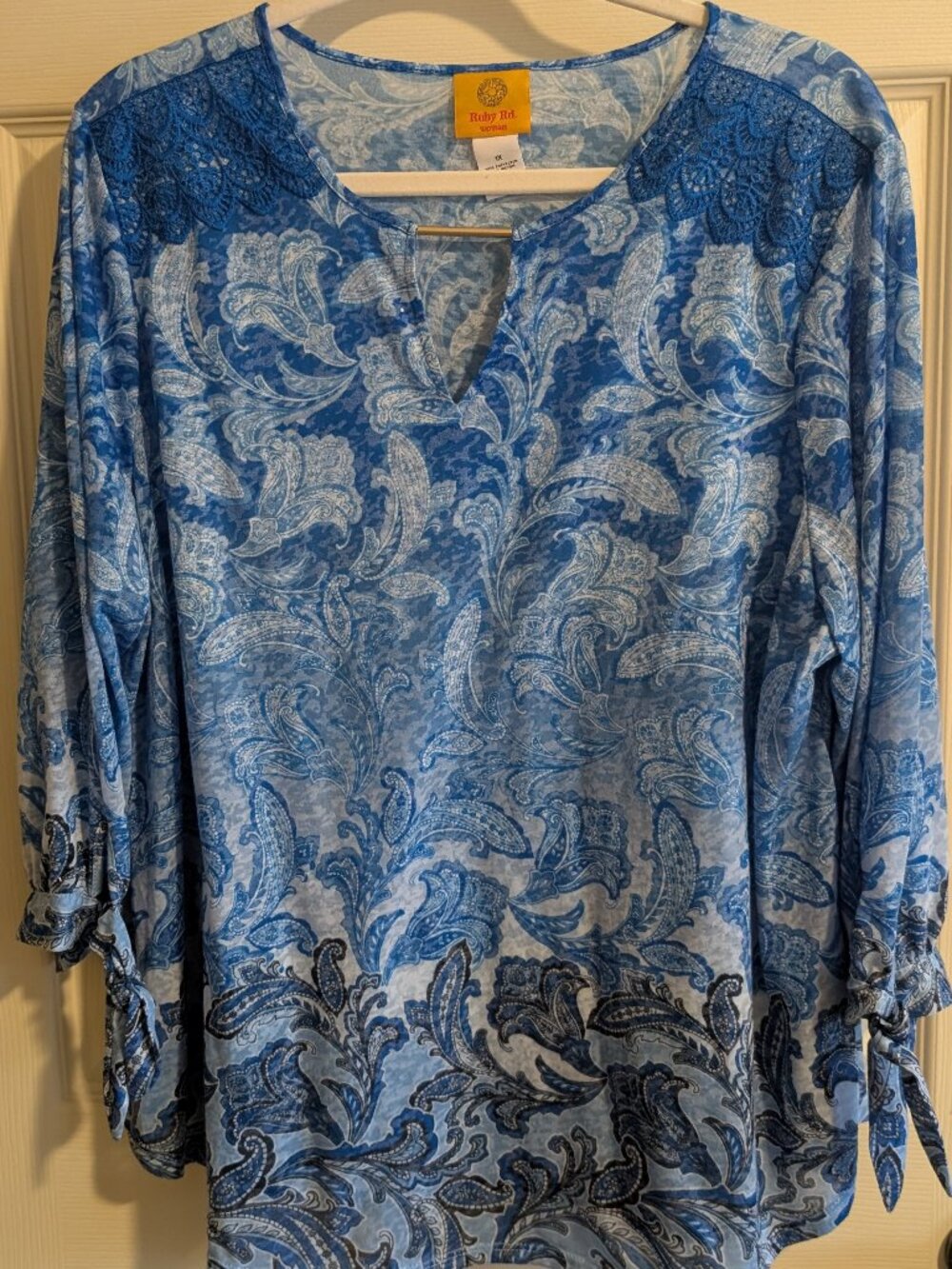 Ruby Road Womens Plus Size 1X Blue Graphic Sheer T-Shirt 3/4 Sleeve